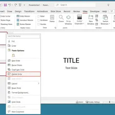 Zrzut ekranu z programu PowerPoint, pokazujący menu kontekstowe z opcją "Usuń slajd" podświetloną na czerwono.