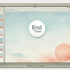 Prezentacja z napisem "End 'Close'" na ekranie laptopa. Po lewej stronie widok miniatur slajdów, wszystkie z podobnym motywem. Idealne, by zakończyć prezentację.