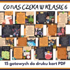 Karty pracy do druku pokazują, jakie przedmioty są w szóstej klasie: pisanie, przyrodę, matematykę, historię, anatomię, muzykę i inne.