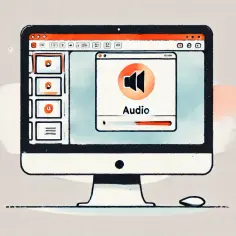 Komputer z oknem "Audio" i ikoną głośnika. Dowiedz się, jak wstawić muzykę do prezentacji.