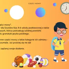 Dzieci z plecakami uczą się o częściach mowy. Kurs "Części mowy" dla uczniów klas 4-6 szkoły podstawowej.