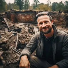 Uśmiechnięty mężczyzna na wykopaliskach, marzący o tym, jak zostać archeologiem. Odkrywa tajemnice przeszłości.