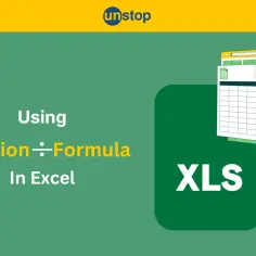 Grafika przedstawia arkusz kalkulacyjny Excel z tekstem "Using Division Formula In Excel" i ikoną XLS.