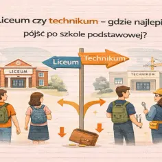 Dylemat: co jest lepsze technikum czy liceum? Dwoje uczniów stoi przed drogowskazem, wybierając ścieżkę edukacji.