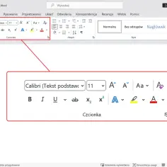 Pasek narzędzi Word pokazuje opcje formatowania tekstu, w tym jak zrobić podkreślenie w Wordzie. Widoczne są przyciski do pogrubienia, kursywy, podkreślenia i zmiany koloru tekstu.