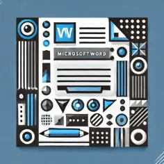 Grafika z ikonami Microsoft Word i elementami geometrycznymi. Dowiedz się, jak ustawić bibliografię alfabetycznie w Wordzie.