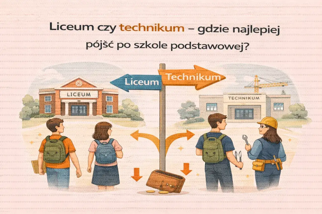 Dylemat: co jest lepsze technikum czy liceum? Młodzi ludzie stoją przed wyborem szkoły po podstawówce, patrząc na budynki obu placówek.