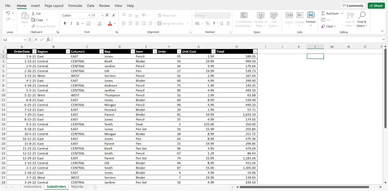 Arkusz kalkulacyjny Excel z danymi sprzedaży. Dowiedz się, jak skopiować tabelę w Wordzie, aby przenieść te dane.