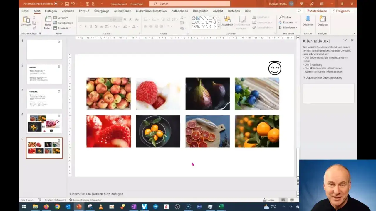 Jak stworzyć szablon PowerPoint: widok prezentacji z owocami i panel boczny z tekstem alternatywnym.