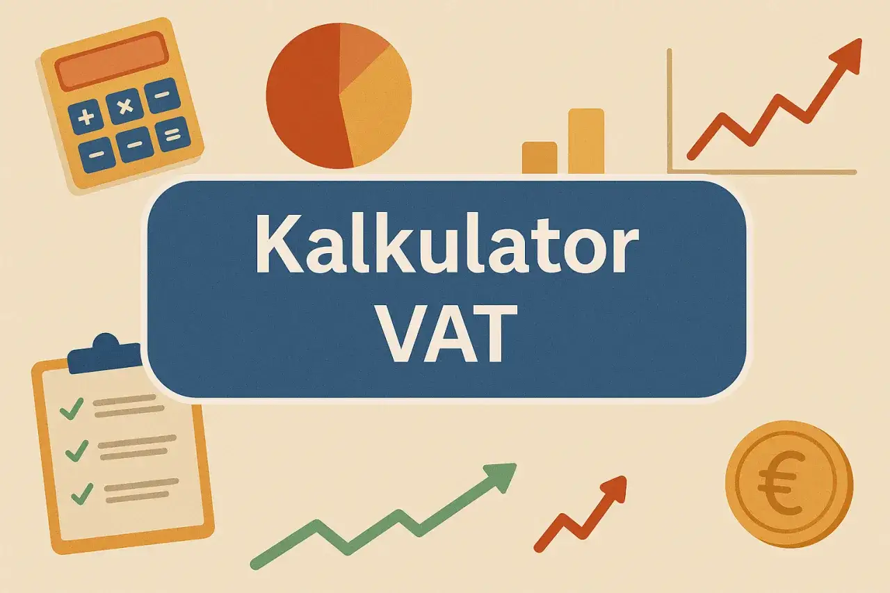 Kalkulator VAT pomoże Ci szybko dowiedzieć się, jak obliczyć VAT 23%. Grafiki symbolizują finanse i analizę.