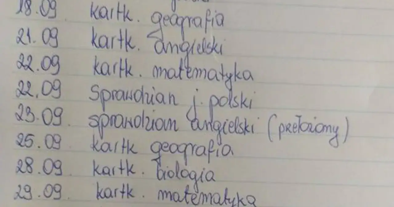 Lista sprawdzianów: 18.09 kartkówka z geografii, 21.09 kartkówka z angielskiego, 22.09 kartkówka z matematyki i sprawdzian z polskiego, 23.09 sprawdzian z angielskiego. Ile można mieć sprawdzianów w tygodniu?