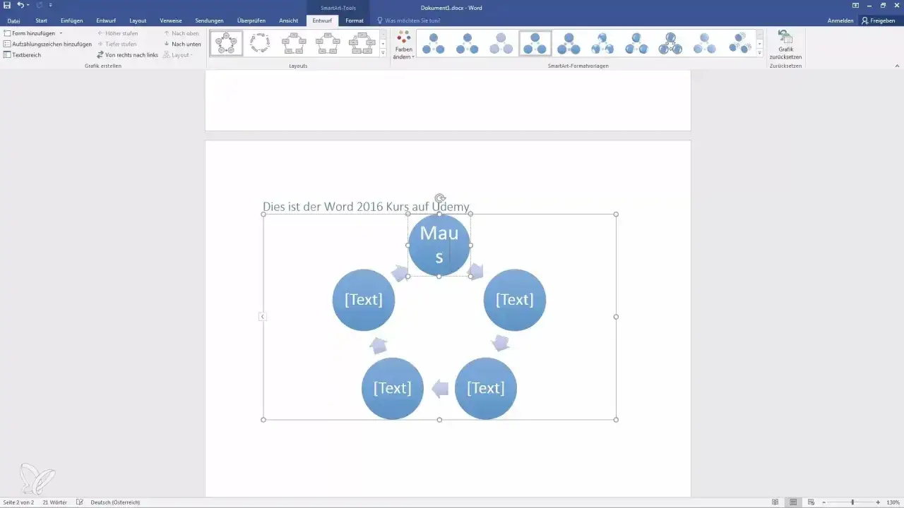 Jak zrobić diagram w Wordzie? Widok przedstawia tworzenie grafiki SmartArt w programie Word, z okręgami ułożonymi w cykl.