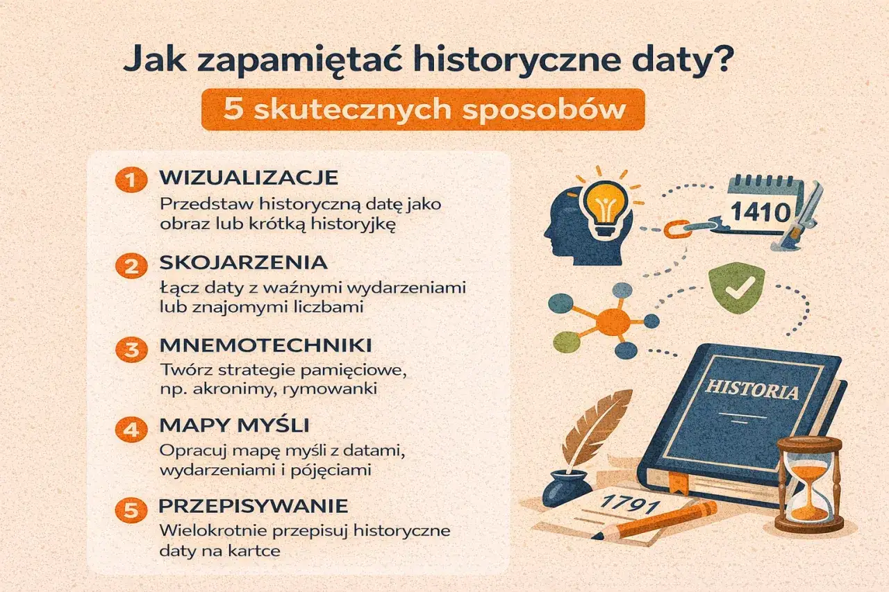 Jak się uczyć historii? 5 sposobów: wizualizacja, skojarzenia, mnemotechniki, mapy myśli, przepisywanie. Ilustracja pokazuje te metody.