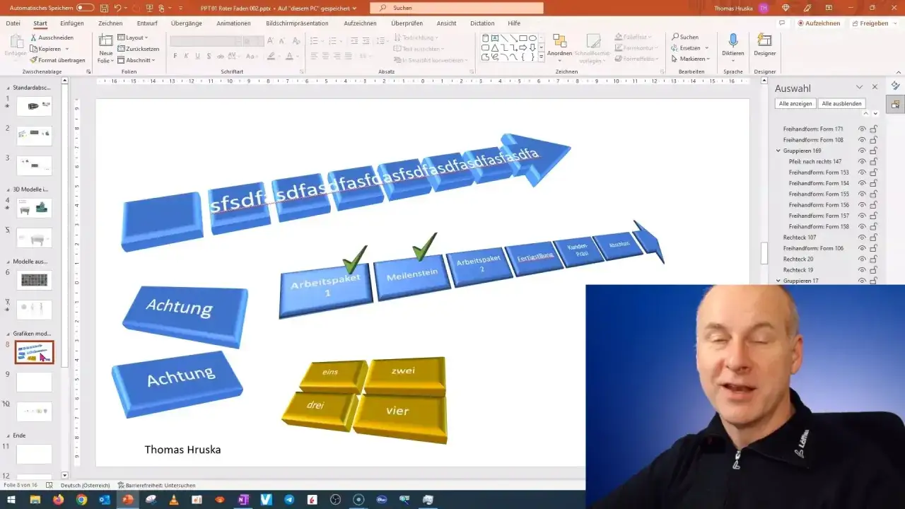 Jak stworzyć szablon PowerPoint: niebieska strzałka z etapami projektu, przyciski 